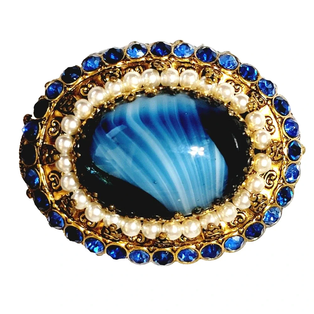 Stunning Blue Slag Glass Brooch Pin Rhinestones 2